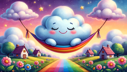An adorable cartoon cloud sleeping in a hammock under a starry sky with a full moon.