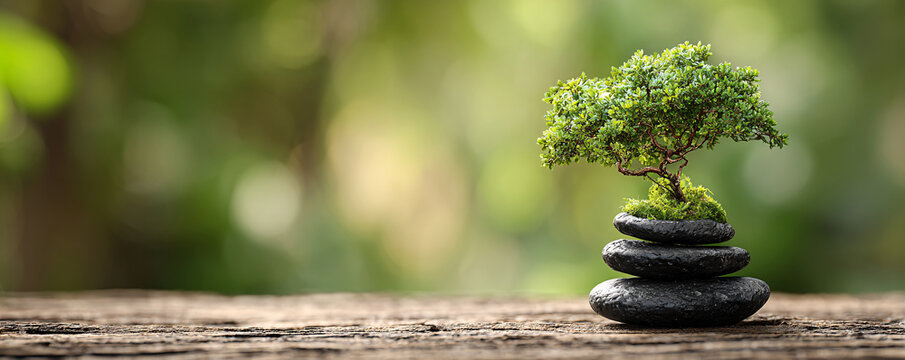 Bonsai tree growing on balanced zen stones representing harmony and spiritual calm
