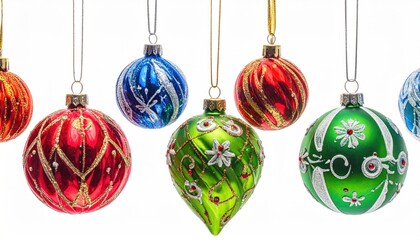 Christmas ornaments hanging over white background. Composition of Christmas tree decorations