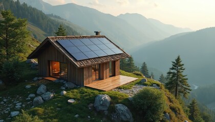 Fototapeta premium Rustic wooden cabin stands in mountains. Solar panels provide eco energy. Sustainable mountain shelter natural design. Alternative energy powers countryside house on green hill. Retreat offers escape