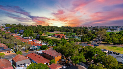 Panorama Sunset  aerial drone view of western Sydney Suburbs of Canterbury Burwood Ashfield...