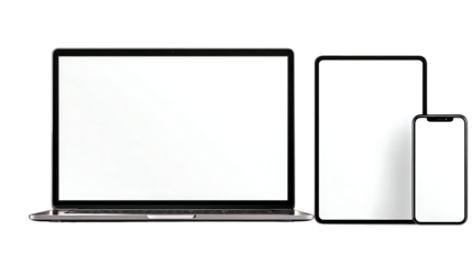 Laptop, tablet, and smartphone with blank white screens isolated on transparent background