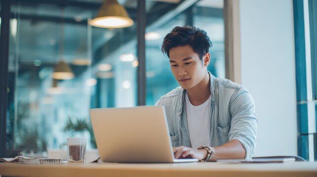 Young Asian man working on laptop in a modern office setting with natural light and a focused expression on his face