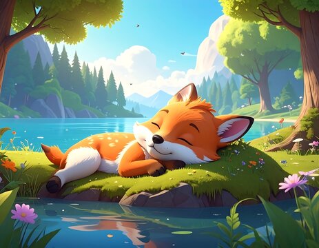 Smiling, cartoon fox resting on grassy bank near lake