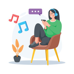 Flat illustration of a woman using mobile phone, mobile addiction vector