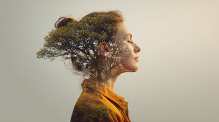 Woman's profile with tree overlay symbolizing connection, nature, and growth