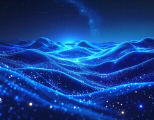 Illuminated, undulating blue waves beneath a starlit night