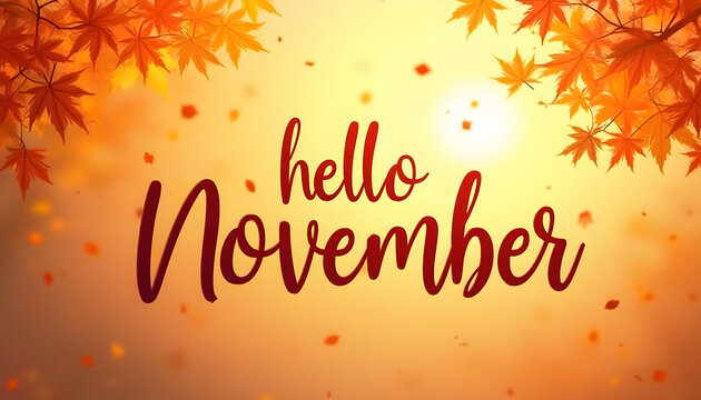 Hello November text with autumn maple leaves and warm sunlight background