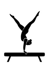 Elegant gymnast gracefully balances on beam in stunning handstand, showcasing strength, flexibility, and determination in a modern minimalist style