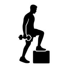 Dynamic silhouette of a man stepping onto a box with a dumbbell, embodying fitness, strength, and active lifestyle goals for health and wellness campaigns
