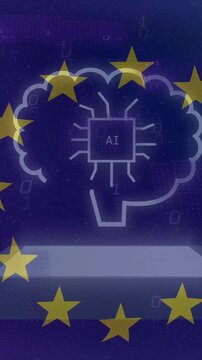 AI brain with microchip surrounded by EU stars over digital background