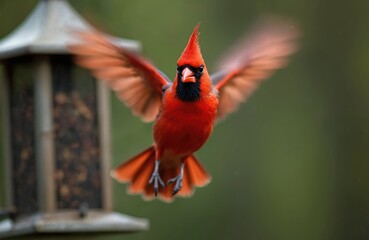 Male northern cardinal takes flight from a bird feeder. Bright red bird with orange beak spreads wings mid air. Green blurry background shows feathers in motion.