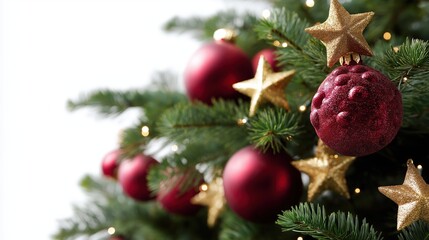 Festive Christmas tree close-up with red ornaments and golden stars, creating a cheerful holiday atmosphere