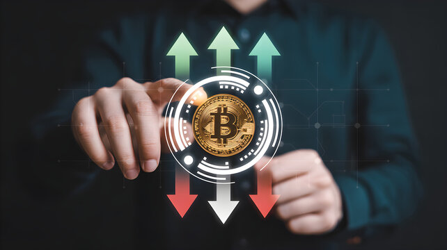 a person holding a bitcoin icon, dark background, green arrows pointing up and down, digital finance, cryptocurrency concept,
