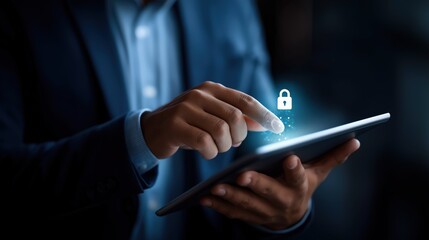 Business Professional Securing Data on Tablet with Touch Gesture, Highlighting Cybersecurity and Digital Lock Concept
