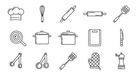 Collection of kitchen utensils and cooking equipment in a line-art style