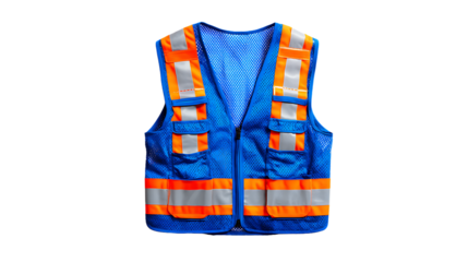 Blue high visibility safety vest with reflective stripes isolated on transparent background