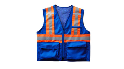 Blue high visibility safety vest with reflective stripes isolated on transparent background
