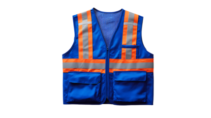 Blue high visibility safety vest with reflective stripes isolated on transparent background