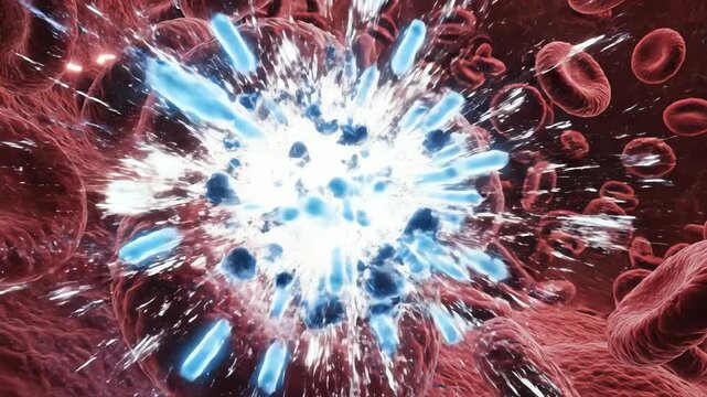 The bloodstream as glowing antibiotic molecules race like tiny torpedoes, colliding with clusters of bacteria clinging to red blood cells