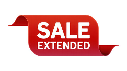 Red ribbon banner announcing sale extended with white text isolated on transparent background