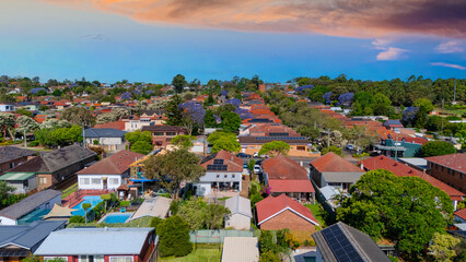 Panorama Sunset  aerial drone view of western Sydney Suburbs of Canterbury Burwood Ashfield...