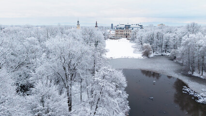 View of Pszczyna town, park and castle during a winter time
