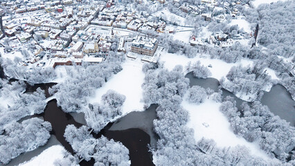 View of Pszczyna town, park and castle during a winter time