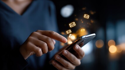 Woman using smartphone to check messages with glowing email icons in a dark background highlighting digital communication