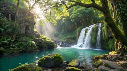A stunning waterfall cascading into a vibrant turquoise pool, framed by lush greenery, ancient ruins, and the golden rays of sunlight, creating a magical scene