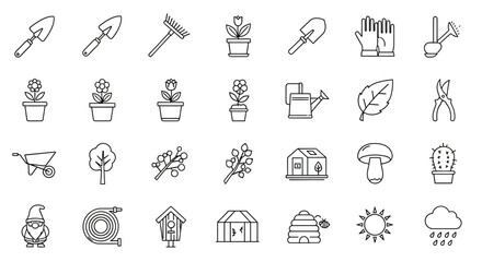 Collection of simple outline icons representing gardening tools, plants, and garden features