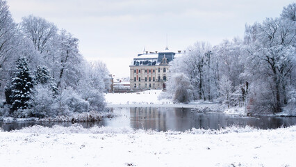 View of Pszczyna town, park and castle during a winter time