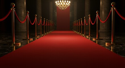 An opulent hall with a red carpet, stanchions, marble pillars and a crystal chandelier.
