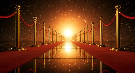 Red carpet extends to a bright light with stanchions in a luxurious atmosphere
