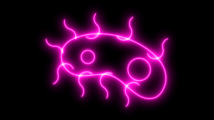 Colorful neon glowing abstract microbe icon representing a bacterium or virus with tendrils, symbolizing disease, infection, and microbiology, isolated on black background