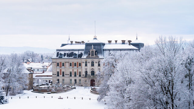 View of Pszczyna town, park and castle during a winter time