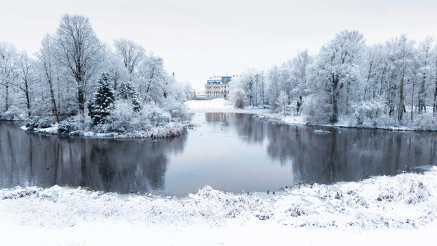 View of Pszczyna town, park and castle during a winter time