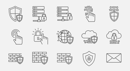 Collection of cybersecurity icons shields, servers, clicks, locks, globe, cloud, firewall, envelope