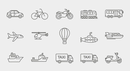 Collection of diverse transportation icons in a clean, simple outline style