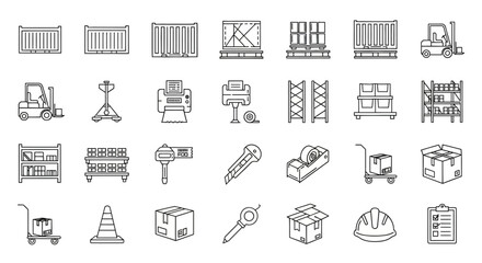Warehouse equipment icons containers, forklifts, shelves, carts, boxes, and tools