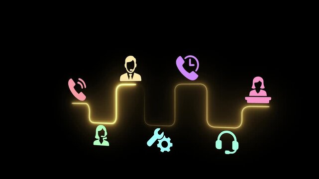 Customer service with AI, speed of service concept on the black background.  Ensuring clients receive timely help and service from provider. Motion graphics of customer service idea. 4k video. 