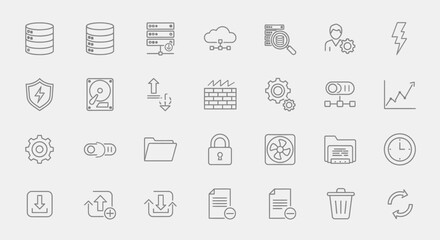 Collection of thin line icons representing data, security, and tech concepts against a light background