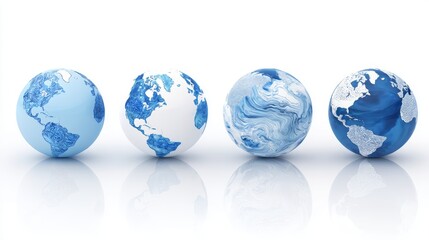 3D vector illustration of four different blue and white Earth globe