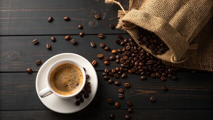 Aromatic espresso in a white cup on a dark wooden table with coffee beans spilling from a burlap sack, creating a cozy and inviting coffee break scene