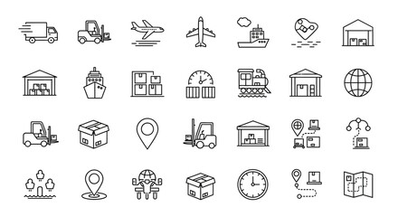 Simple line icons representing shipping, logistics, and transportation concepts