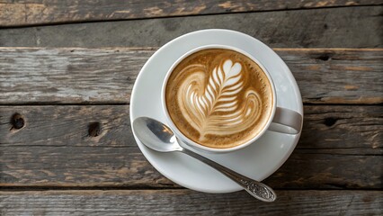 A cup of latte art coffee on a wooden table, showcasing a beautiful design and rich, creamy texture, perfect for a cozy coffee break