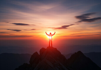 Man Standing on Mountain Peak Silhouette at Sunset Reaching Sky Success Concept