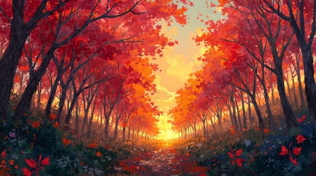 A vibrant autumn forest bathed in golden sunset light, with fiery red and orange maple trees lining a winding path through colorful foliage.