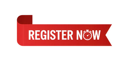 Red ribbon banner with white text register now and clock icon isolated on transparent background