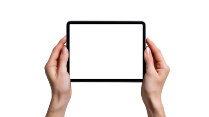 Hands holding a tablet computer with a blank white screen, isolated on transparent background